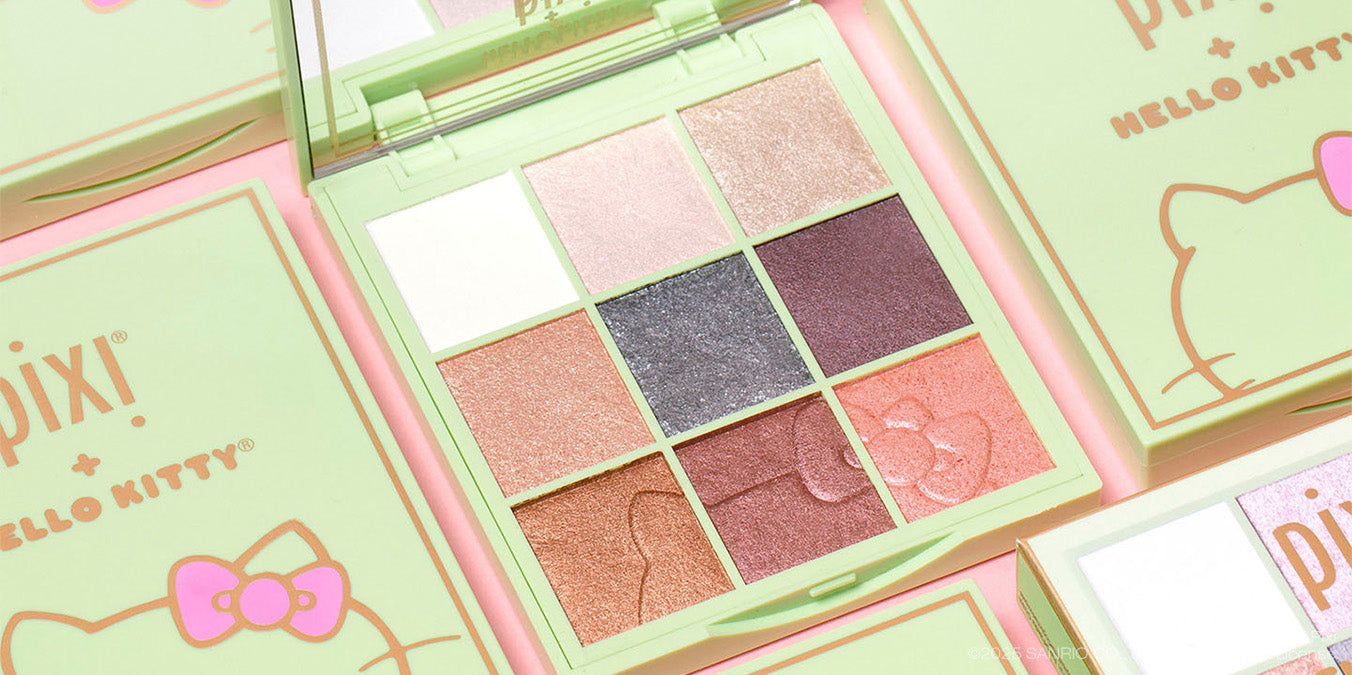 Pixi + Hello Kitty Eye Effects Palette shown multiple times on a pink background