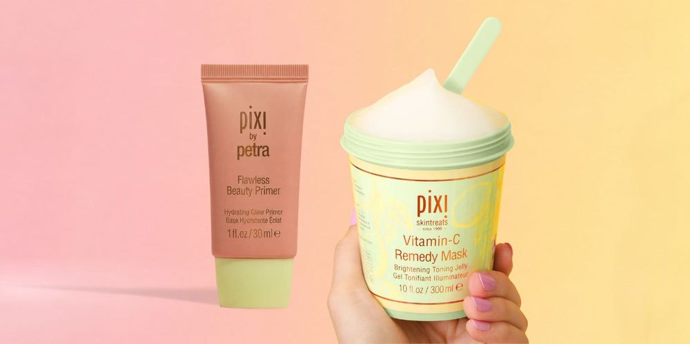Flawless Beauty Primer and Vitamin-C Remedy Mask shown on a radiant pink and yellow background - View 1