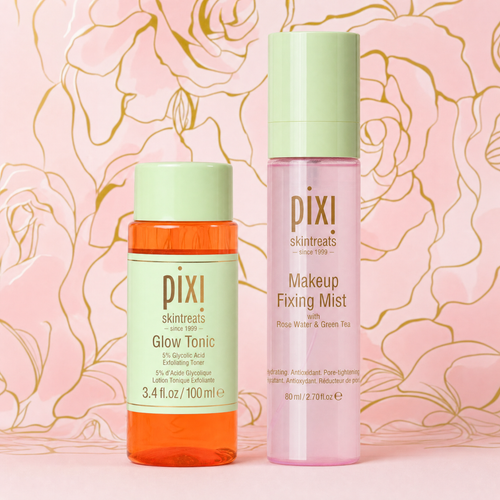 Glow Edit bundle featuring Glow Tonic Travel Size and Makeup Fixing Mist on a pink flower design background view 1