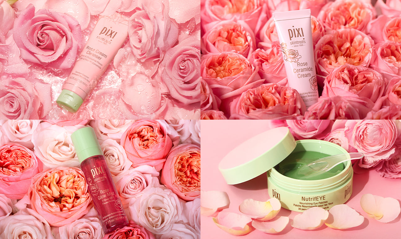 Rose imagery showing Rose Cream Cleanser, Rose Ceramide Cream, Rose Glow Mist, and NutrifEYE