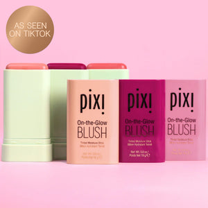 New Shades of On-the-Glow BLUSH on a pink background with As Seen on TikTok sticker