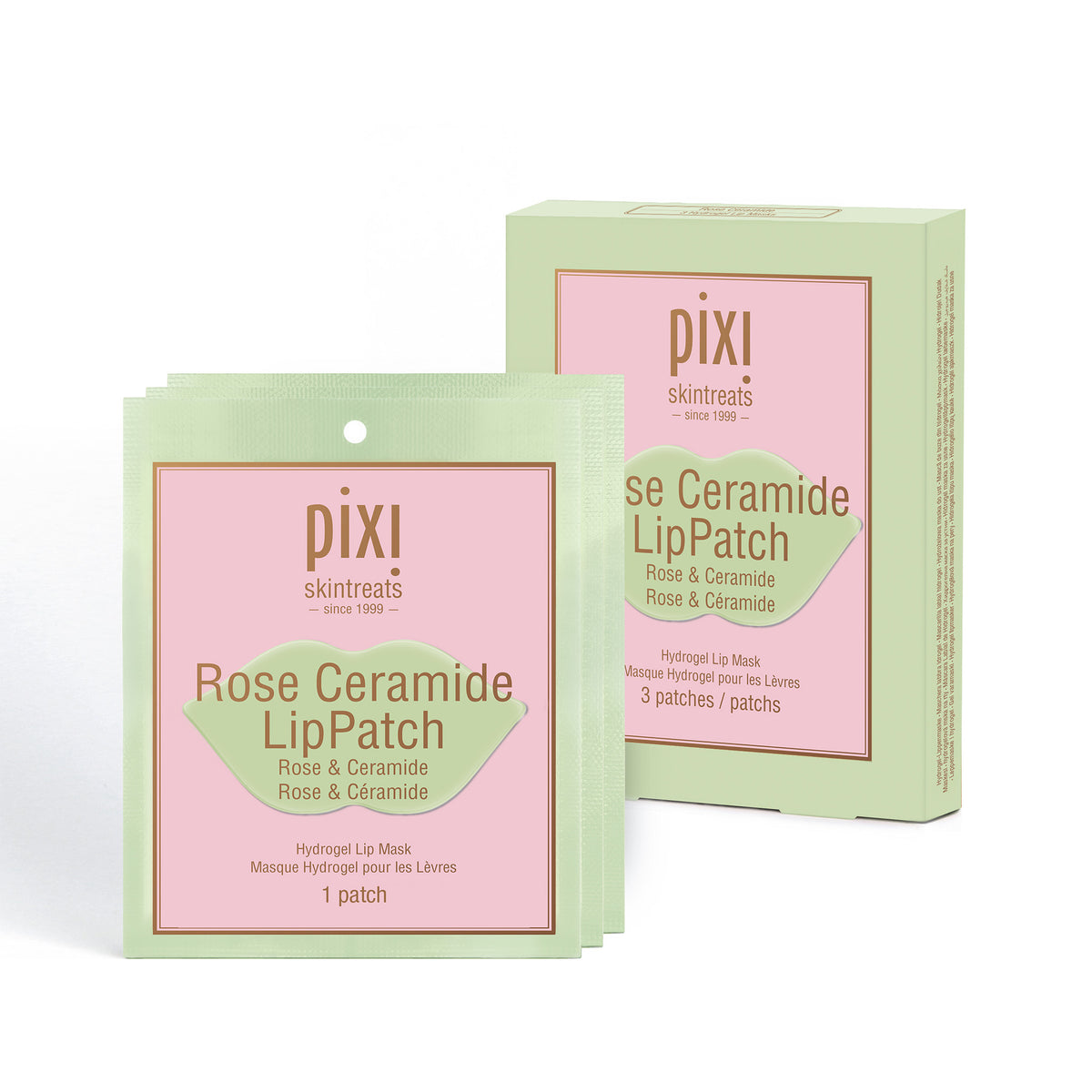 Three patch set of PIXI Rose Ceramide LipPatch packaging on a white background