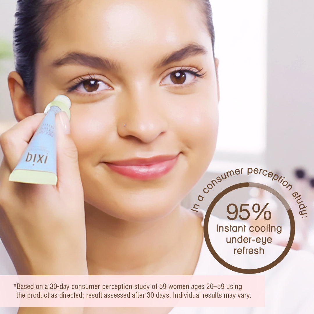 A close-up of a woman applying a tube of Pixi Roll-on DetoxifEYE eye serum. The product tube is light blue with a pale yellow-green cap. In a consumer perception study 95% report instant cooling under-eye refresh. *Based on a 30-day consumer perception study of 59 women ages 20-59 using the product as directed; result assessed after 30 days. Individual results may vary.