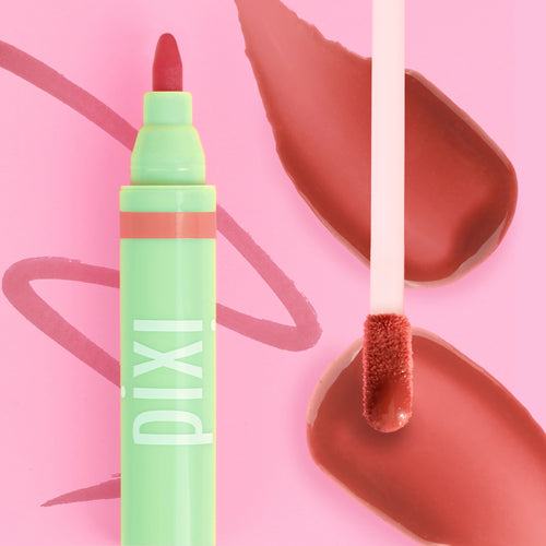 Pixi Signature Duo featuring LipBlush and LipLift Max on a pink background - view of swatch colours. view 2