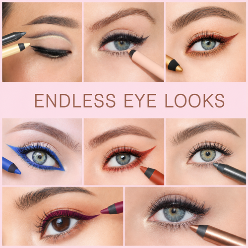 A collage of seven close-up eye makeup looks with the text 'ENDLESS EYE LOOKS' in the center. The panels show different eye makeup styles and eyeshadow/liner colors, including black, blue, red, purple, and bronze tones, applied to various eyes. view 2