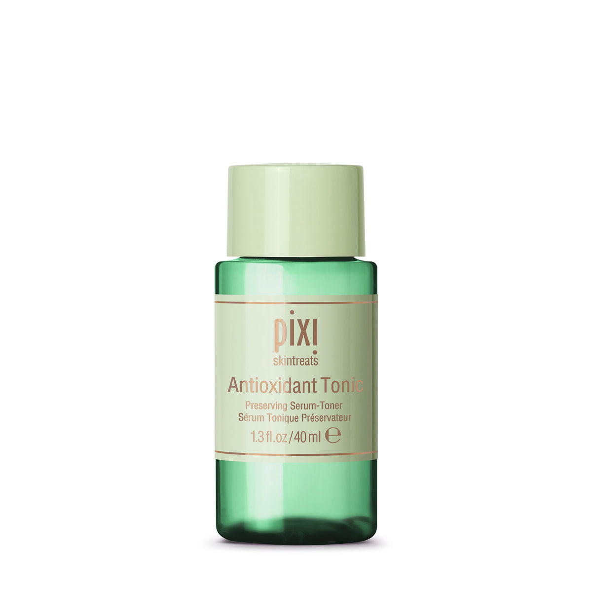 Pixi SkinTreats Antioxidant Toner in a 40ml glass bottle with a pale green cap and a light green label, set against a plain white background.