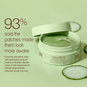  PIXI DetoxifEYE eye patch container with text on a green background. 93% said the patches made them look more awake.  Includes consumer perception study specific details.