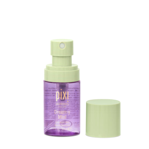 Pixi Skintreats Dreamy Mist overnight mist spray bottle in purple with a light green pump and cap, shown on a white background. view 2