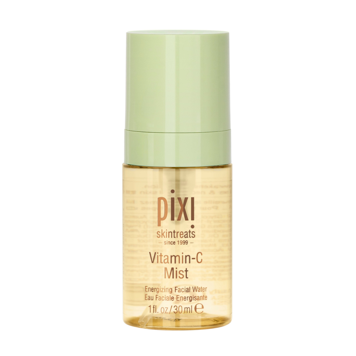 Pixi Skintreats Vitamin-C Mist facial mist in a clear bottle showing the golden liquid inside, with a light green cap, on a white background.