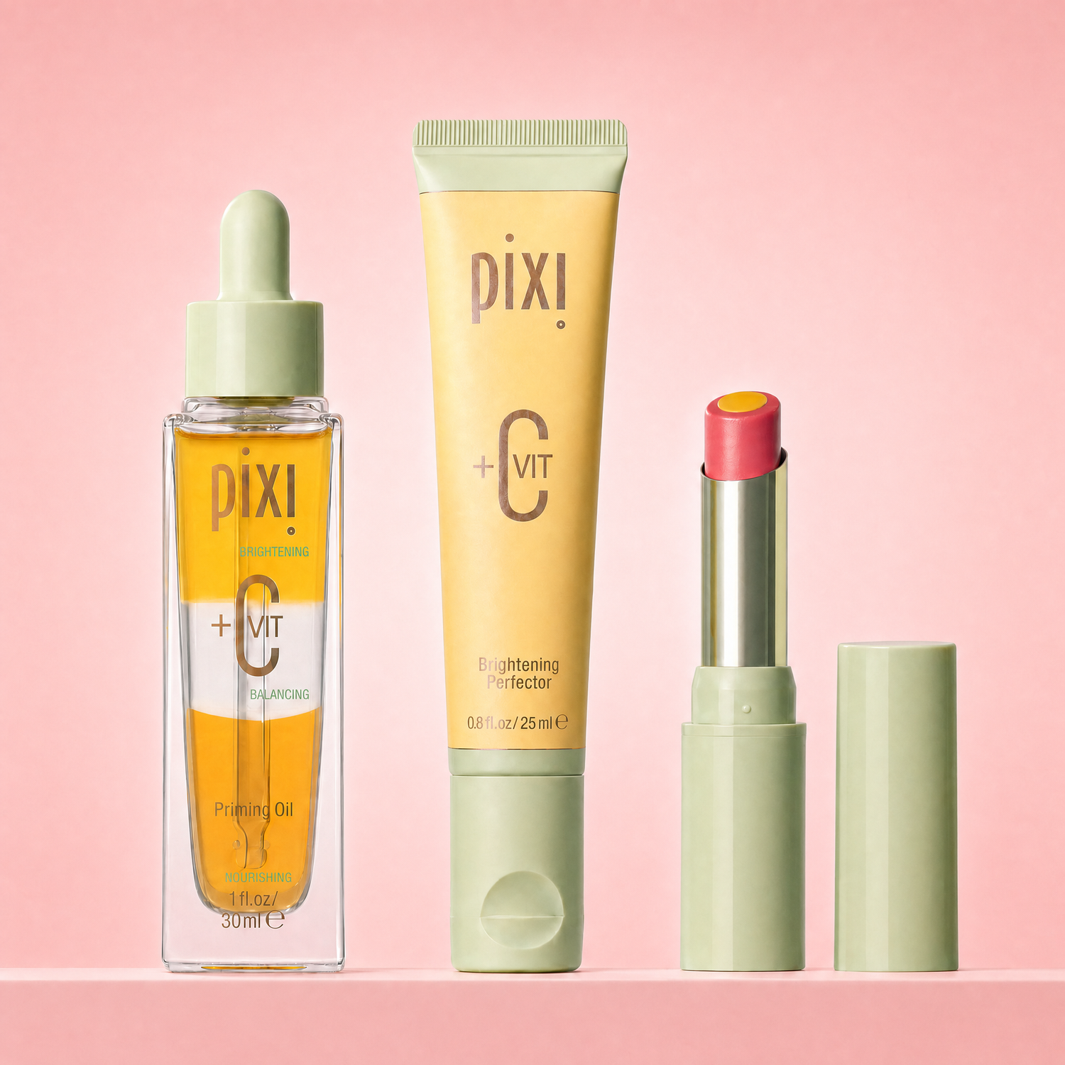 Bundle shown on a pink background featuring +C Vit Priming Oil, Brightening Perfector, and Lip Brightener