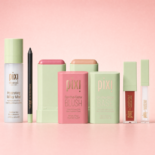 Bundle shown on a pink background featuring Hydrating Milky Mist, Endless Silky Eye Pen, On-the-Glow BLUSH, On-the-Glow BASE, and Pixi + Maryam Lip and Highlight duo view 1